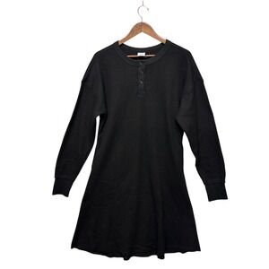 Womens Sz M Long Sleeve Black Waffle Knit Thermal Short‎ Dress Henley Pocket NEW